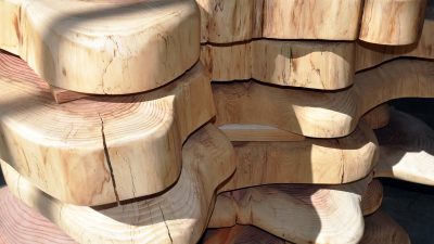 Rondins de bois pour construire sa maison écologique au cours d'un stage avec un ébéniste et maçon