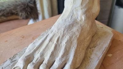 Sculpture de pied en terre glaise fat pendant l'atelier avec une artisane sculpteur dans le Tarn en Occitanie.