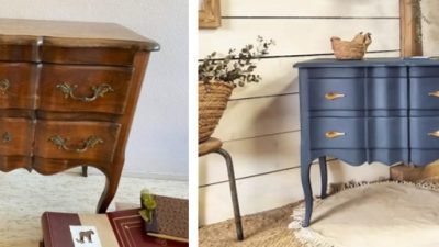 Commode avant et après une restauration et une rénovation pendant le stage de relooking de meubles dans un atelier à Albi