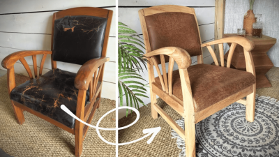 Fauteuil avant et après une restauration et une rénovation pendant le stage de relooking de meubles dans un atelier à Albi