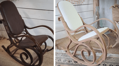 Rocking Chair avant et après une restauration et rénovation au cours du stage de relooking de meubles dans un atelier à Albi