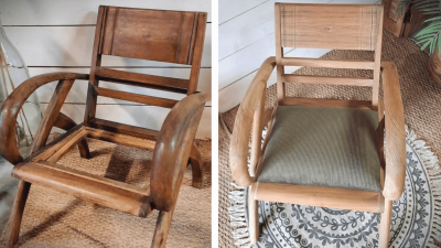 Chaise avant et après une restauration et rénovation au cours du stage de relooking de meubles dans un atelier à Albi
