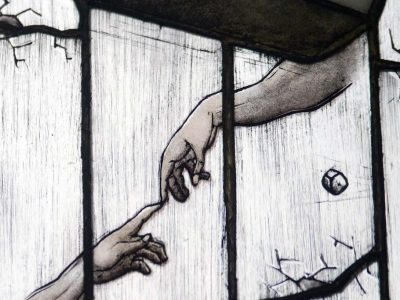 Vitrail inspiré de Michel Ange pendant la formation vitrailliste dans le Perche